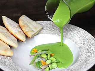 Watercress soup, soft organic egg, crispy kale, pita bread