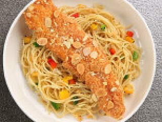 Aglio Olio Pasta with Almond Crusted Pacific Dory