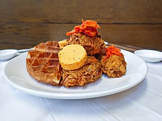 Waffle With Kimchi Butter Fried Chicken