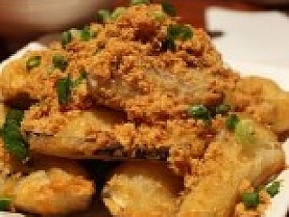 Deep Fried Egg Plant With Dried Meat Floss