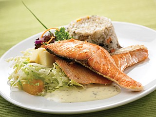 Grilled Salmon In Cream Sauce w/ Mushroom Rice