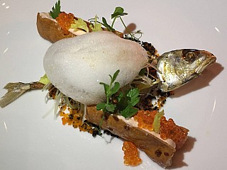 Seared Black Cod, Potato Foam, San Daniele Dust, Olives