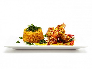 Fried Rice cooked with Crab  Paste served with Fried Black  Tiger Shrimp with Crispy Basil Leaves