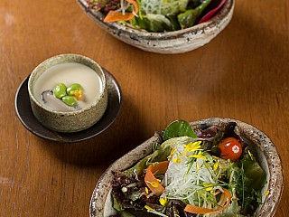 miso soup / salad with barley miso dressing / chawan mushi (steamed egg)/ braised pork belly and steamed rice salad with barley miso dressing