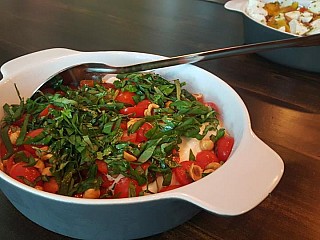 Tomato Tart Tatin, Rocket-Herb Salad, Burrata, Almonds