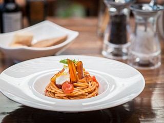Kamut Spaghetti with Cherry Tomato Sauce, Burrata Cheese, Mullet Roe Bottarga & Lemon Zest