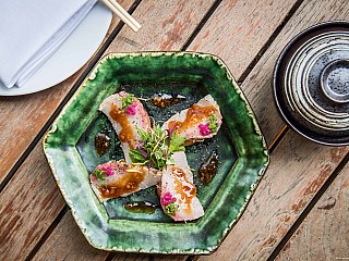 Hamachi tataki with onion tomato relish and garlic ponzu