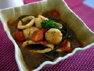 Spaghetti Nero (Squid Ink Pasta with Scallops, Squid RIngs, Cherry Tomatoes & Basil)