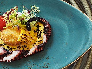 Grilled Octopus with Crispy Egg and Corn