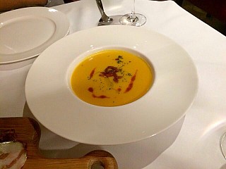 Creamy Sweet Corn Soup with slow cooked Baby Octopus braised in Tomato sauce