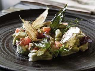 Garden holy basil gnocchi, pickled okra, lemon grass dressing