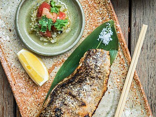 Grilled seabass with burnt tomato relish