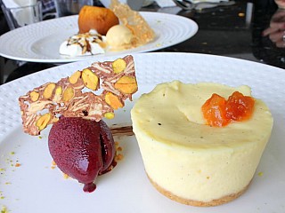 Cheesecake with Red Berry Sherbet & Apricot Chutney