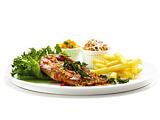 Pork Loin Steak Basil Sauce  served with Vegetable and French Fries